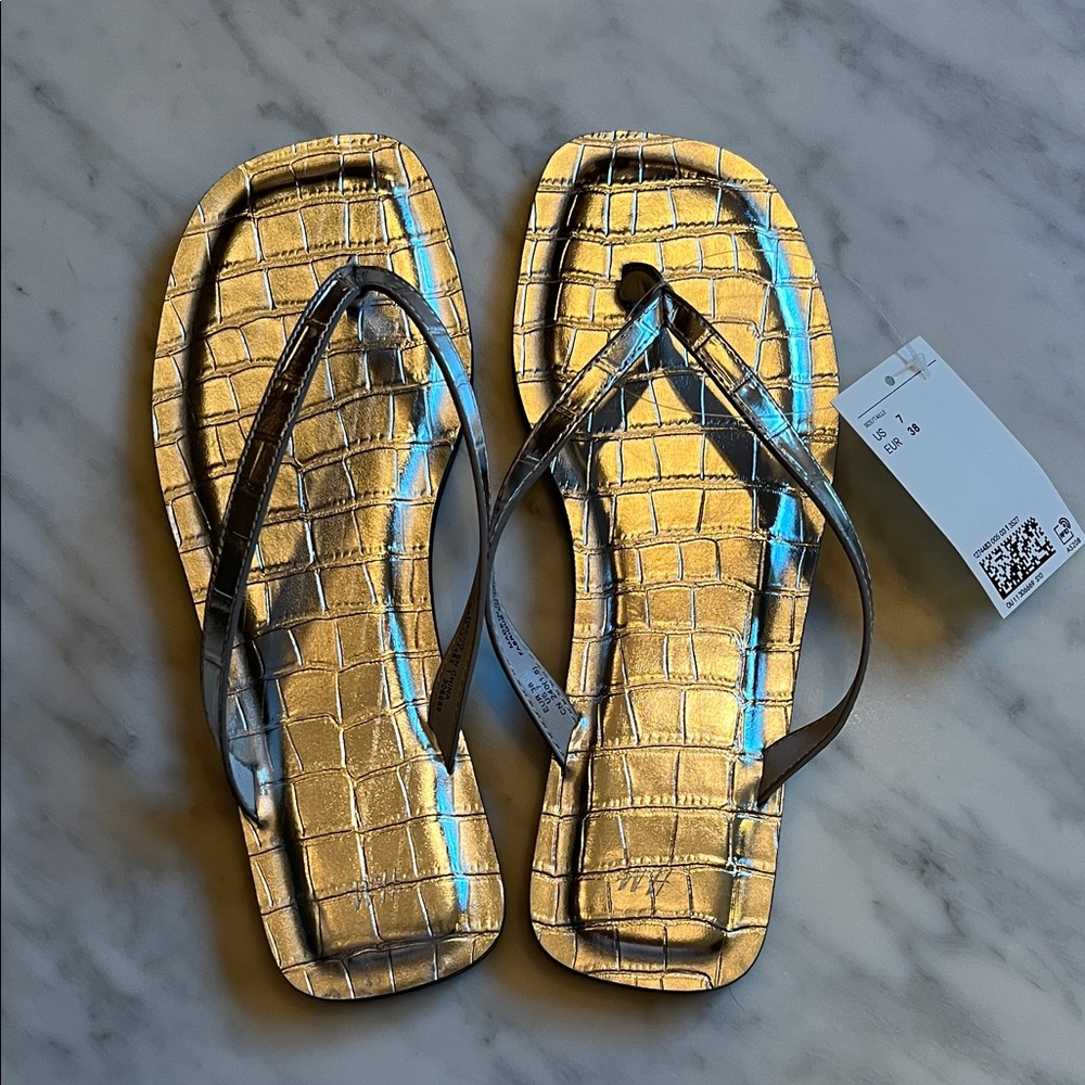 H&M Silver Croc-Embossed Flip Flops